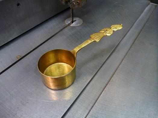brass Nabob coffee scoop, flamingsteel.com, steel sculpture, steel art, roy mackey, vancouver bc