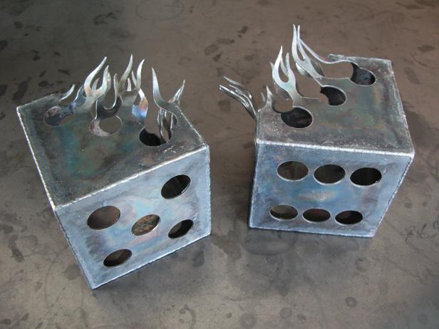 flaming dice, steel sculpture, roy mackey, flamingsteel.com