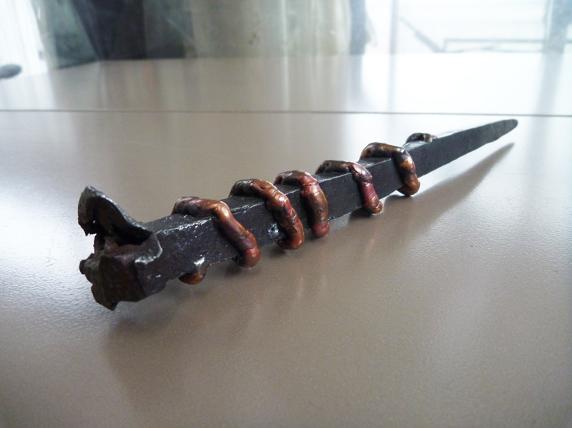 copper on vintage spike, flamingsteel.com, roy mackey, steel sculpture, steel art