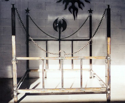 Steel bed with axe, roy mackey, steel sculpture, steel art, flamingsteel.com, vancouver sculptor