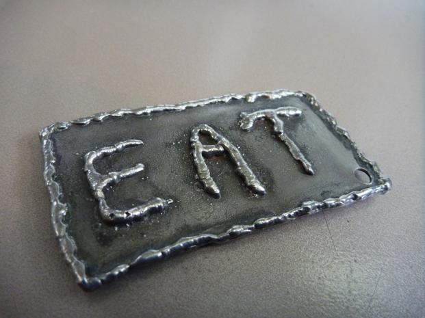 eat food key chain, flamingsteel.com, steel sculpture, roy mackey