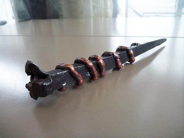 copper on vintage spike, flamingsteel.com, roy mackey, steel sculpture, steel art