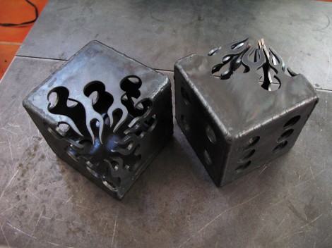 flaming steel dice, flamingsteel.com, roy mackey, steel sculpture, steel art, vancouver bc