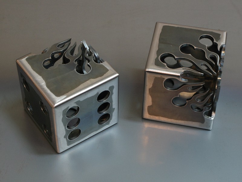 steel dice, flamingsteel.com, steel sculpture, steel art, roy mackey