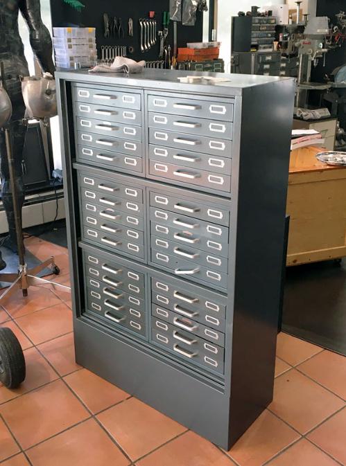 the ultimate vintage parts cabinet, vintage cabinet, vintage slide holder cabinet, flamingsteel.com, roy mackey, steel sculpture