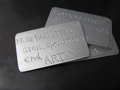 aluminum business card, flamingsteel.com, steel sculpture, roy mackey